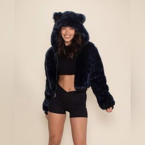 SPIRITHOODS Indigo Leopard Classic Collector Edition Faux Fur Cropped Jacket